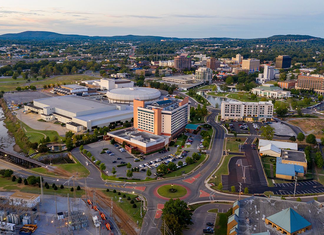 Huntsville, AL - Aerial View of Buildings in Downtown Huntsville Alabama in the Late Afternoon